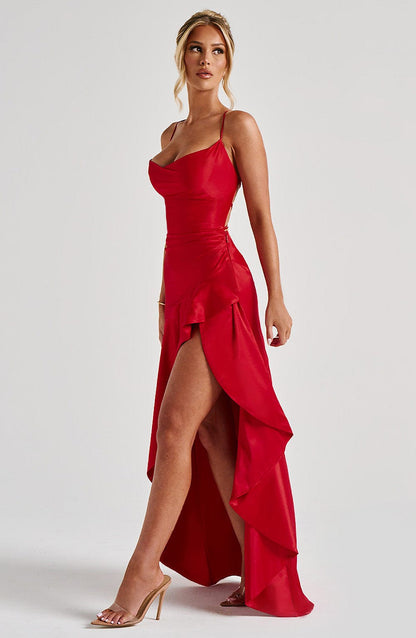 Prestige Satin Maxi Dress with Ruffles